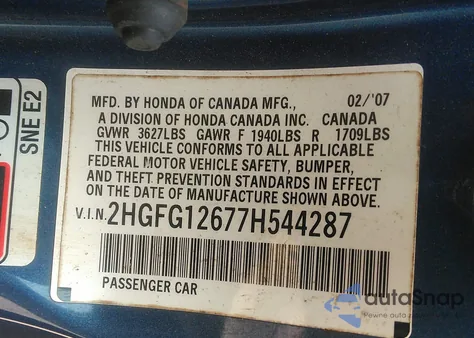 2007 Honda Civic Lx from USA, damaged, VIN 2HGFG12677H544287